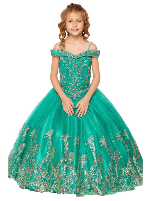 Big Girls Jade Off Shoulder Rhinestone Sweep Train Glitter Mesh Ball Gown 8-16 - SophiasStyle.com